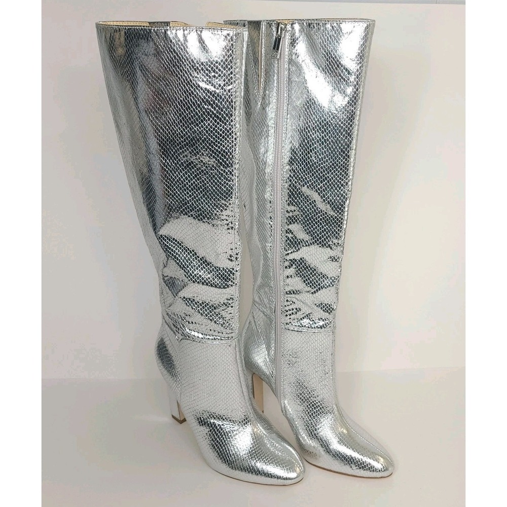 New Jessica Simpson Munna Boots 5M Silver Metallic Snake Skin Pattern Knee High